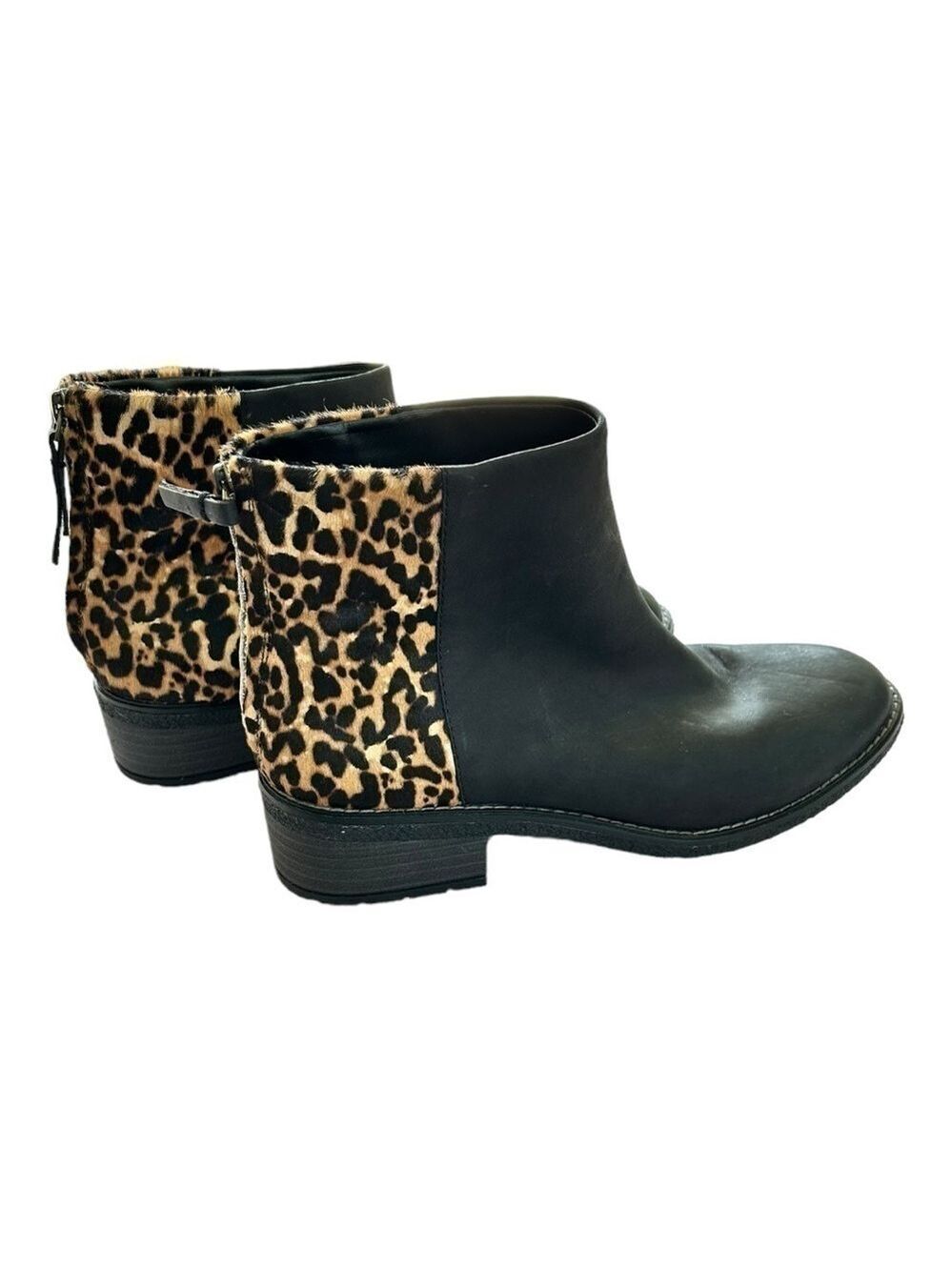 NEW Sperry Maya Belle Black Leather Leopard Print Chelsea Ankle Boots Zip Up W7